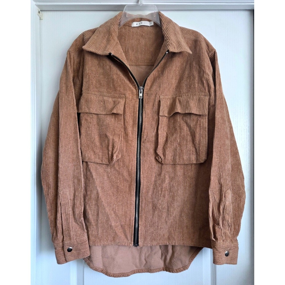 MNML Mens Wide Wale Corduroy Zip Up Jacket Tan Utility Pocket Shacket Size M